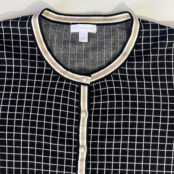 Charter Club Black Women’s Plaid Cardigan Sweater Faux Pearl Buttons Size L - Picture 8 of 15